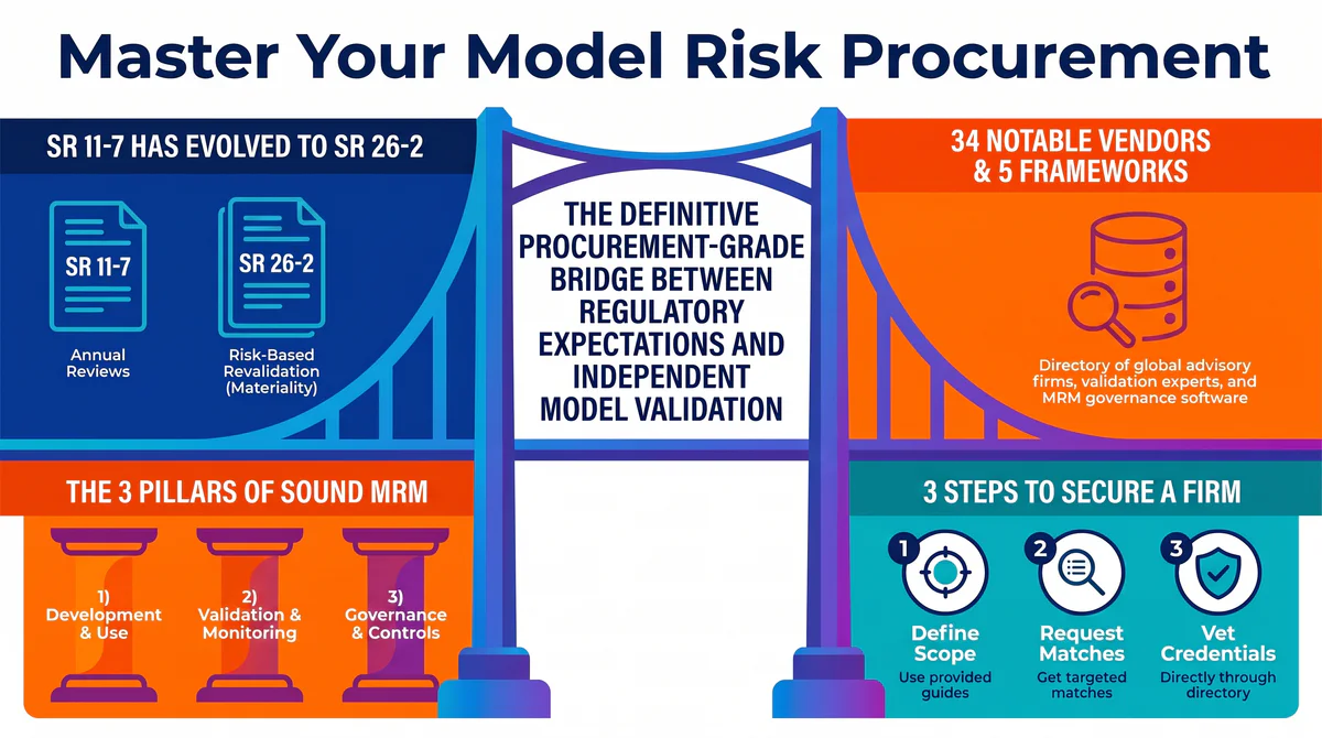 Model risk procurement overview showing SR 11-7, SR 26-2, the three pillars of model risk management, the vendor directory, and a three-step firm sourcing process